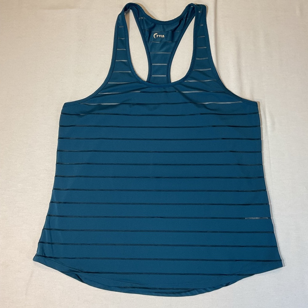 Zyia Women's Activewear Teal Havanna, Tank Top Racer Back, Size L Sheer Stripes
